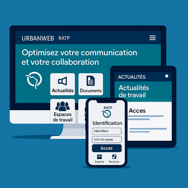 Illustration multisupport de la plateforme Urbanweb RATP : Identifiant, Accès, Experts, Réunions et actualités de travail