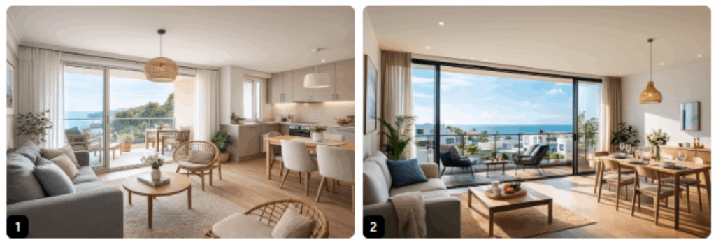 Comparaison côte à côte de deux styles d'aménagement d'un salon de condo lumineux avec vue mer, illustrant l'importance de la décoration pour la location saisonnière.